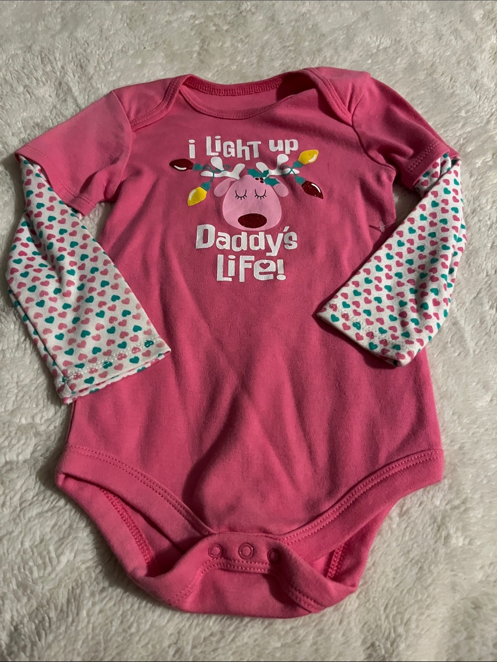 Holiday Time Pink Long-Sleeve Baby One-Piece with Heart Print Sleeves